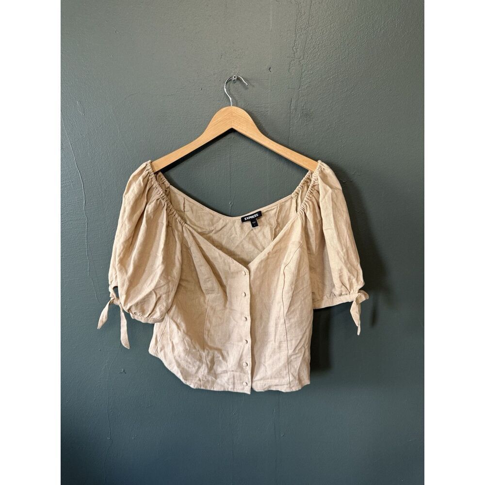 Express Womens Browns Cropped Linen Shirt Size Large Button Up